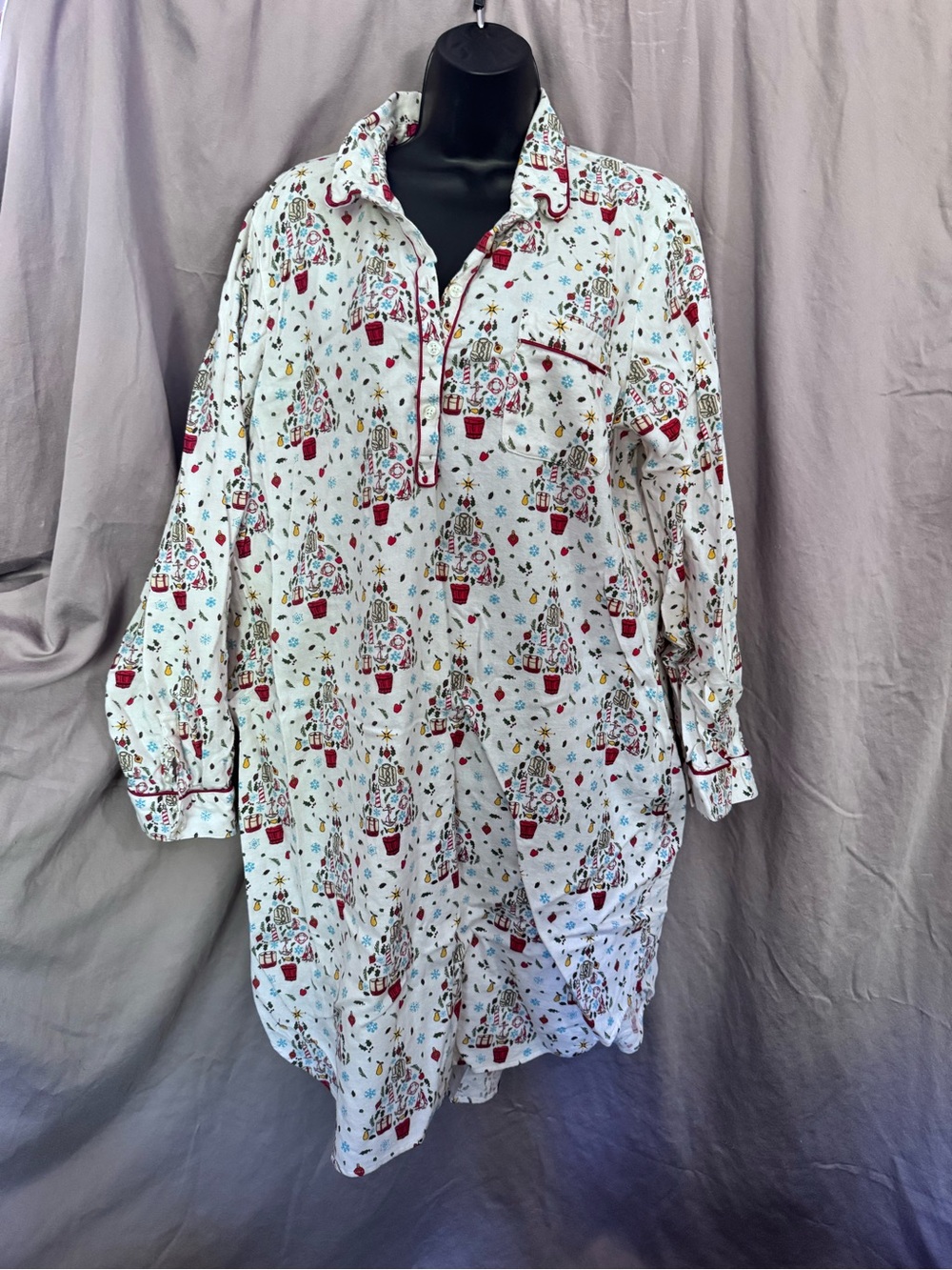 Lands End White Holiday Print Womens Nightshirt with Red Trim XL